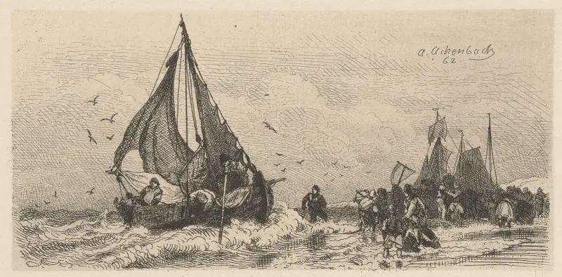 Landskap med båtar på havsstranden av Andreas Achenbach