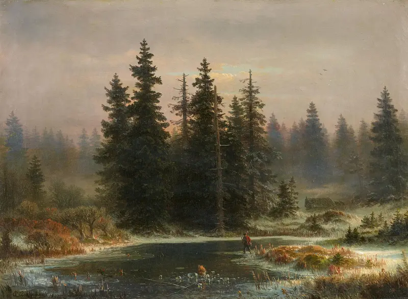 Landskap med granar och en jägare av Andreas Achenbach
