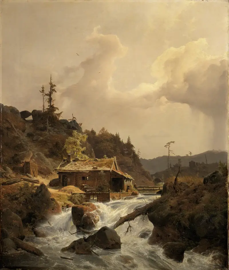 Norwegische Landschaft mit Sägemühle av Andreas Achenbach