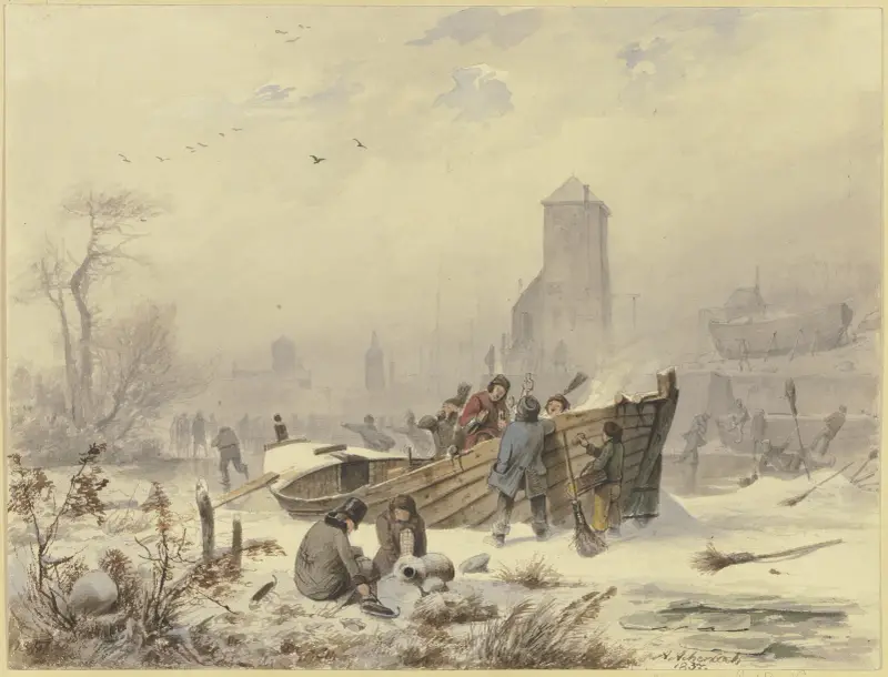 Żeglarze przy zamarzniętym statku, Andreas Achenbach
