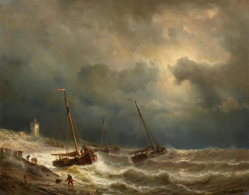 Segelschiffe an einer stürmischen Küste av Andreas Achenbach
