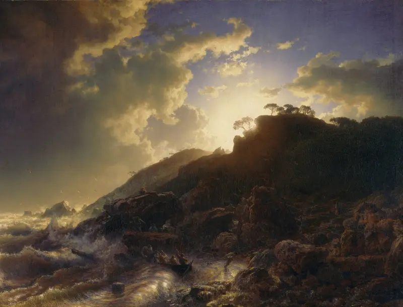 Solnedgång efter storm på Siciliens kust av Andreas Achenbach