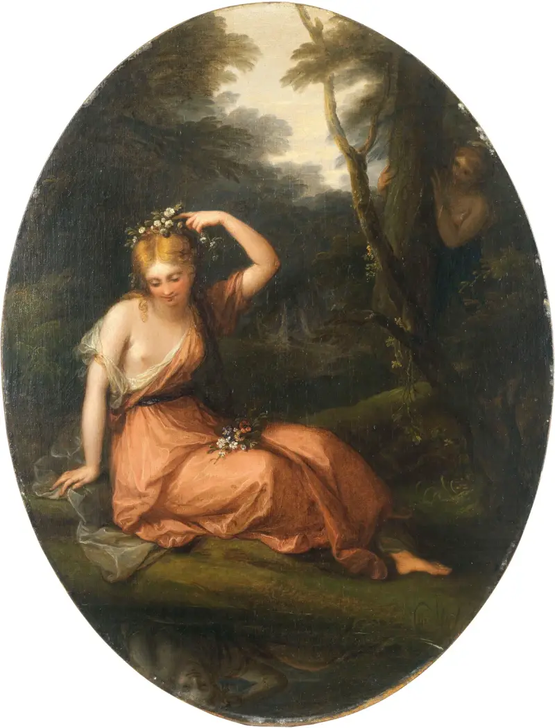 Silvia, die sich mit Blumen schmückt, während Daphne sie beobachtet von Angelica Kauffmann