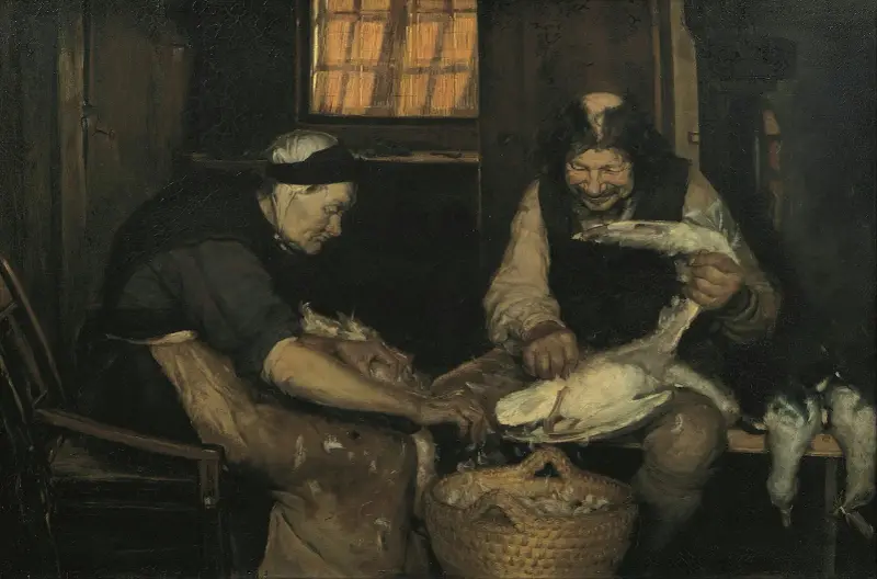 Old couple plucking gulls. Lars Gaihede and old Lene av Anna Ancher