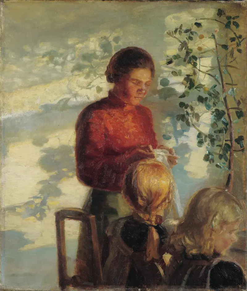 Två små flickor som lär sig sy av Anna Ancher