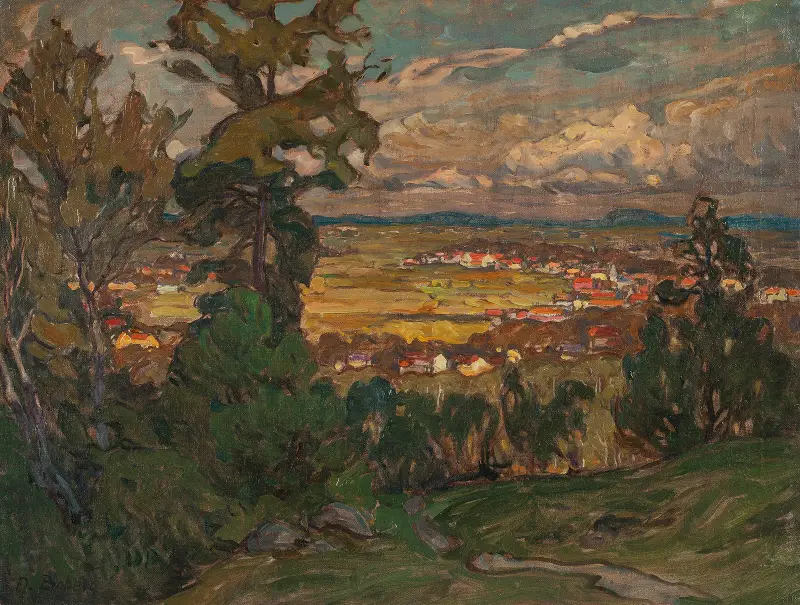 Landskap med by. Studie från Nordnorge av Anna Boberg