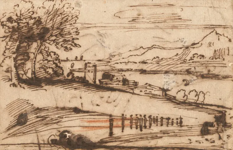 Vidsträckt kustlandskap med procession av figurer i förgrunden och byggnader på vattnet av Annibale Carracci
