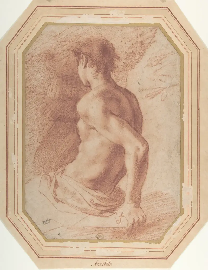 Ryggvy av en sittande naken yngling, vänd åt vänster av Annibale Carracci