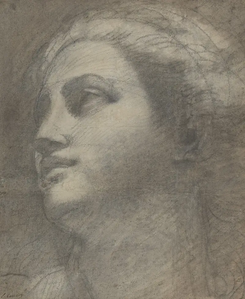 Kvinnohuvud sett uppåt vänster av Annibale Carracci