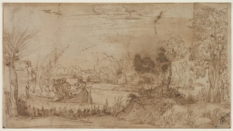 Říční krajina s loděmi, Annibale Carracci