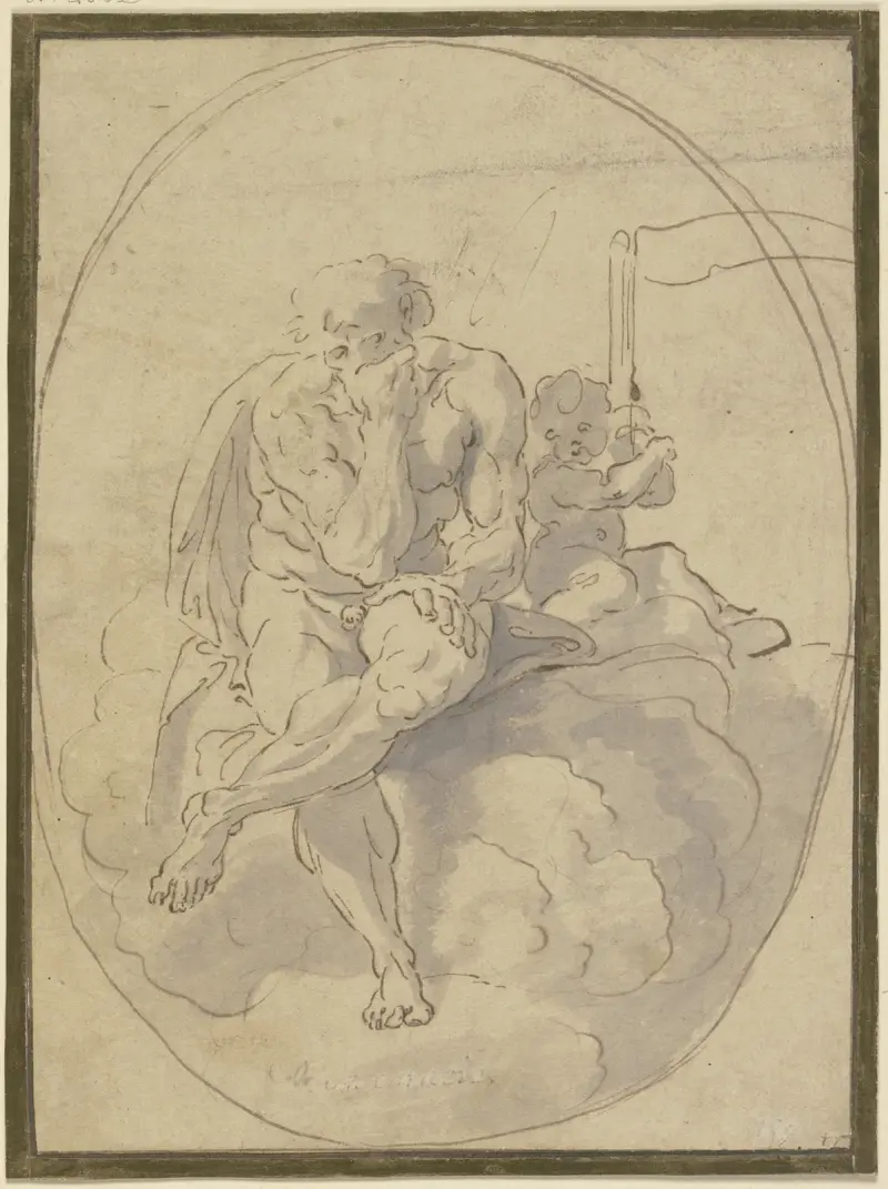 Saturnus sittande på moln, Amor håller lien av Annibale Carracci