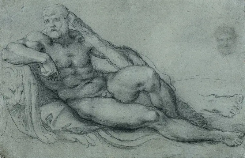 Studie av vilande Herkules, med separata studier av hans huvud och fot av Annibale Carracci