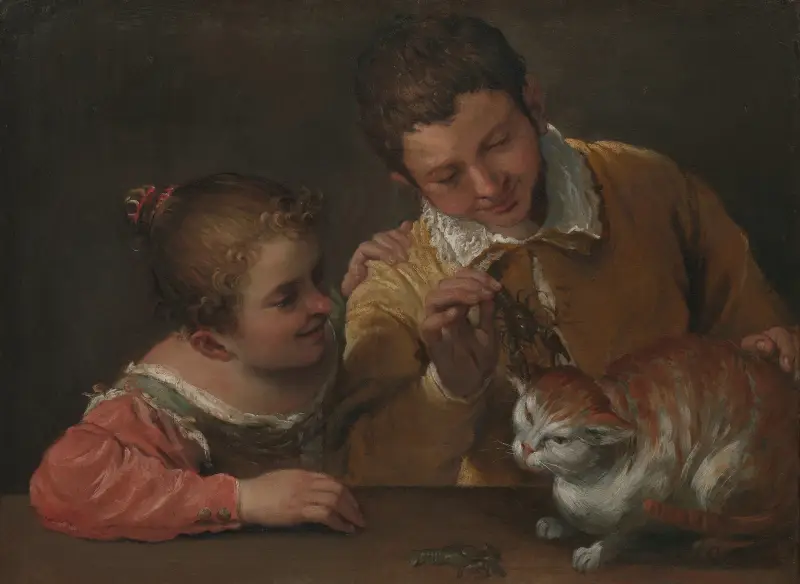 Två barn retar en katt av Annibale Carracci
