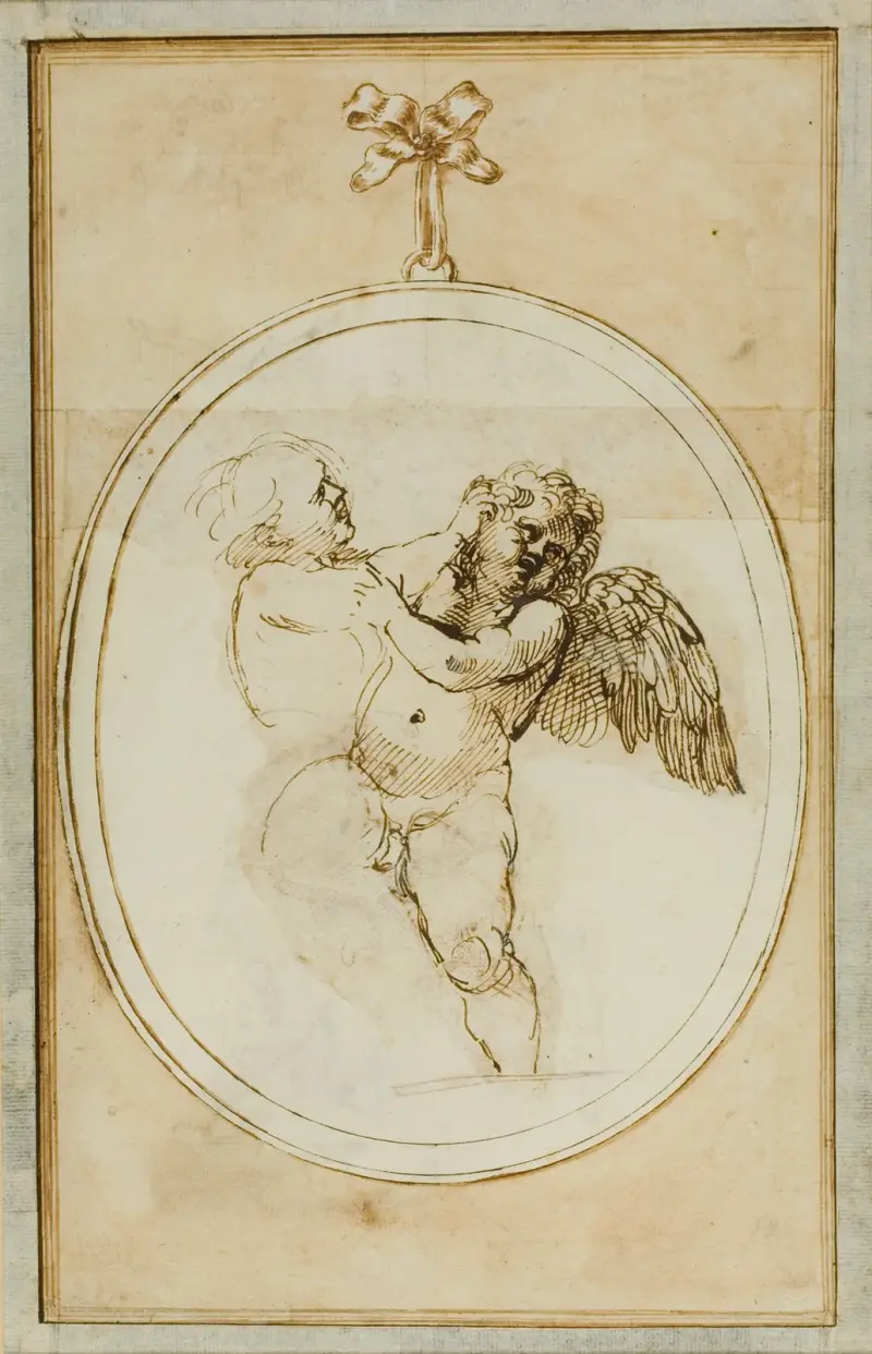 Två putti som slåss; studie för Galleria Farnese av Annibale Carracci