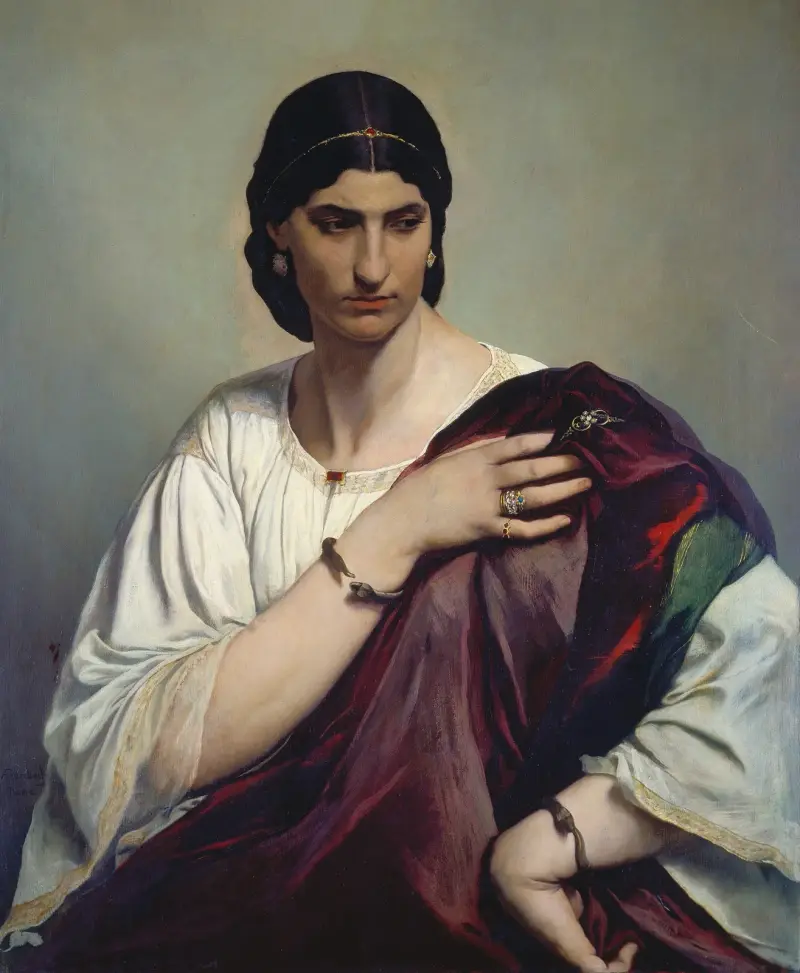 Lucrezia Borgia, Portrait of a Roman woman in white tunic and red robe av Anselm Feuerbach