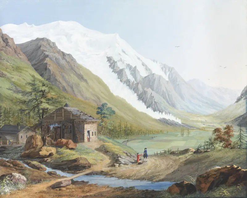 Vue de la Glaciere de Bosson, et une partie du Mont Blanc av Jean-Antoine Linck