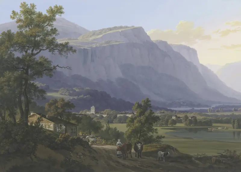 Vue de la ville de St. Jeoire à 5. lieus de Genève, et des Montagnes de Machily, et Fausigny av Jean-Antoine Linck