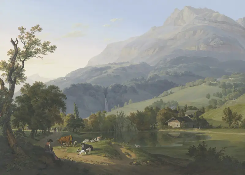 Vue de l’Aiguille de Varens de la Cascade de Chêde, & du Village de ce même nom, prise Sur la route de Chêde au pont des Chèvres av Jean-Antoine Linck