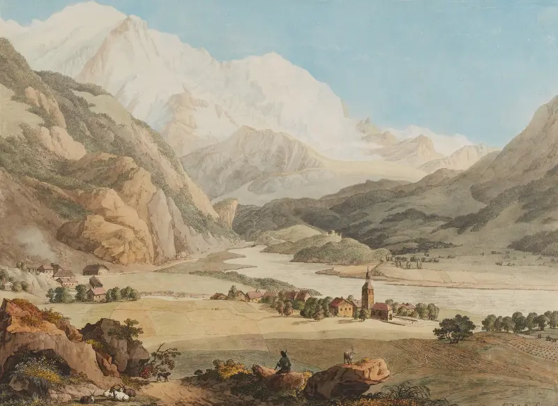 Blick auf Servoz, die Aiguille du Gouté und den Bionnassey-Gletscher von Jean-Antoine Linck