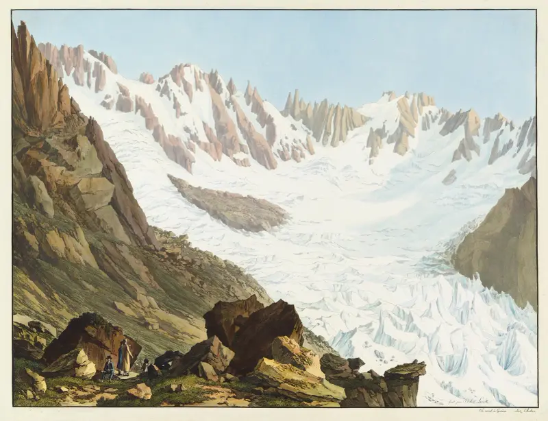 Utsikt över trädgården, Les Droites och Les Courtes, Aiguilles de l’Échau, Les Rouges och Talèfres glaciär, tagen från toppen av Rocher du Couvercle av Jean-Antoine Linck