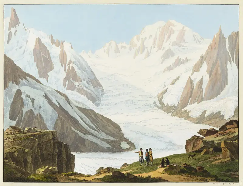 Vue du Mont-Blanc, des Aiguilles du Midi, des Blaitieres, du Géant, du Glacier du Tacul, prise du Sommet du Rocher du Couvercle av Jean-Antoine Linck