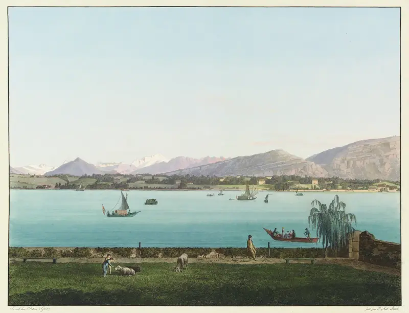 Utsikt över Mont Blanc från herr Hentschs lantegendom vid Sécheron nära Genève av Jean-Antoine Linck