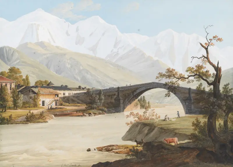 Vy över byn & Bron Saint-Martin, Mont Blanc och Bionnasse av Jean-Antoine Linck