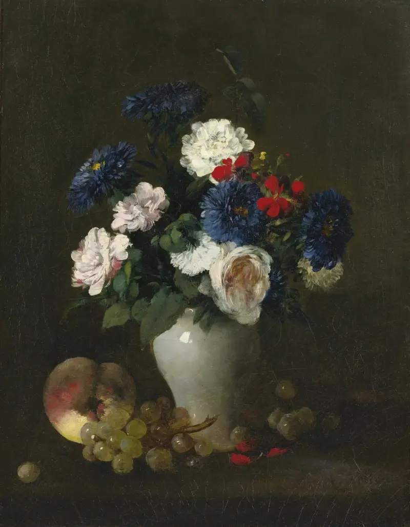 Assorted Flowers in a Vase with Grapes and a Peach on a Table av Antoine Vollon