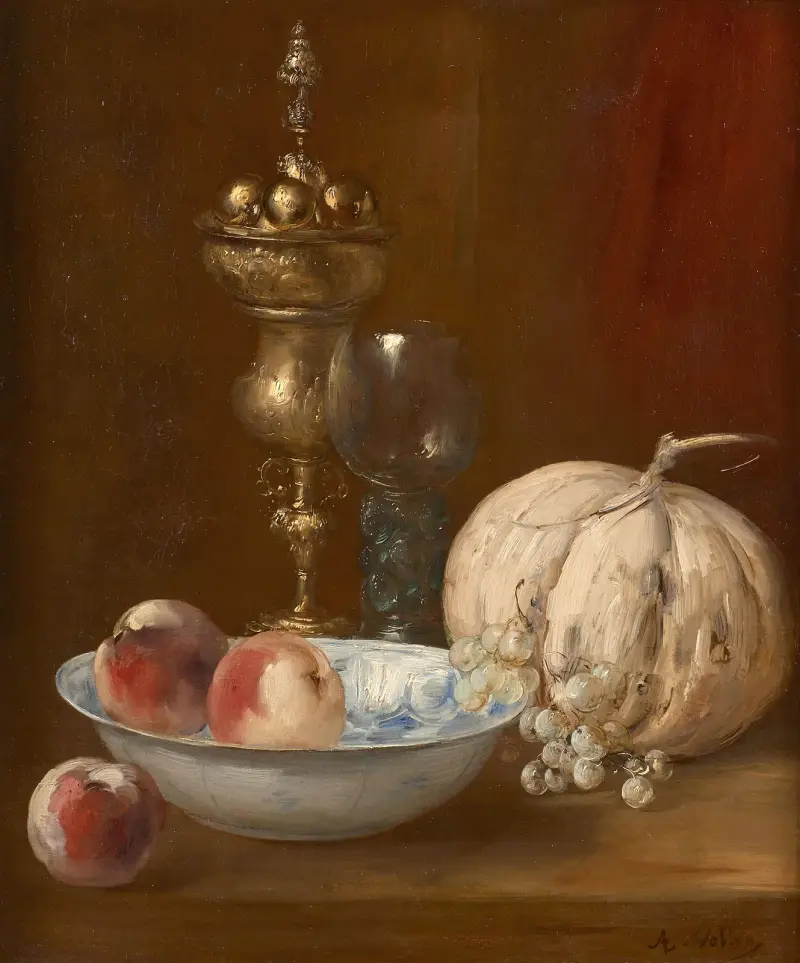 Melon, coupe de fruits et pièce d’orfèvrerie sur un entablement av Antoine Vollon