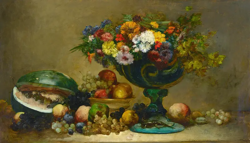 Still life of flowers and fruit av Antoine Vollon