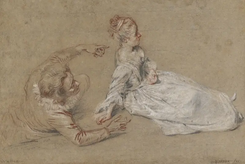 Mężczyzna leżący i kobieta siedząca na ziemi, Jean-Antoine Watteau