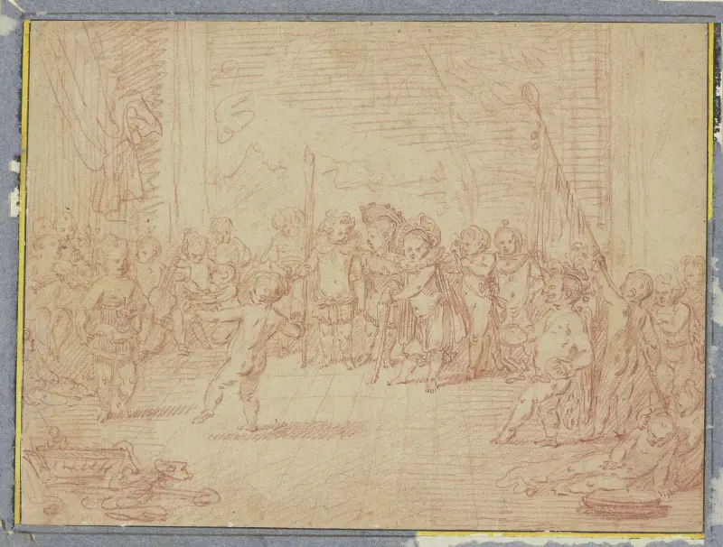 Allegorie des Winters oder Kinder parodieren einen Ball av Jean-Antoine Watteau