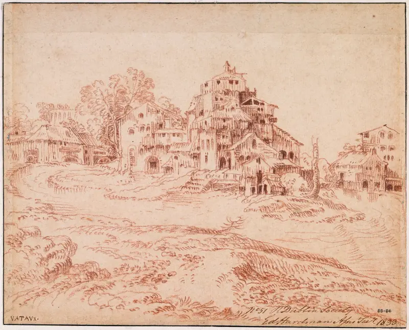 Befäst bondgård vid flodkrök av Jean-Antoine Watteau