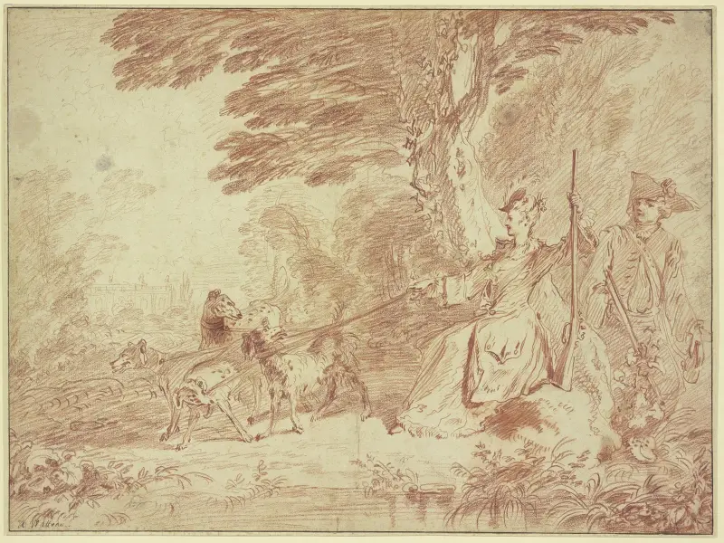 Jaktparti, jägarinna och jägare med fyra hundar i ett landskap av Jean-Antoine Watteau