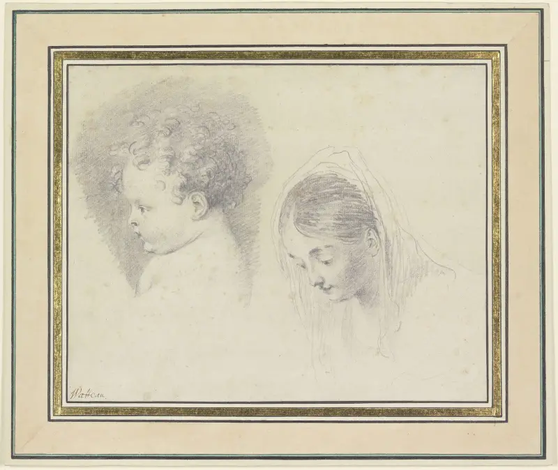 Kinderkopf im Profil nach links und Kopf einer jungen Frau mit gesenktem Blick av Jean-Antoine Watteau