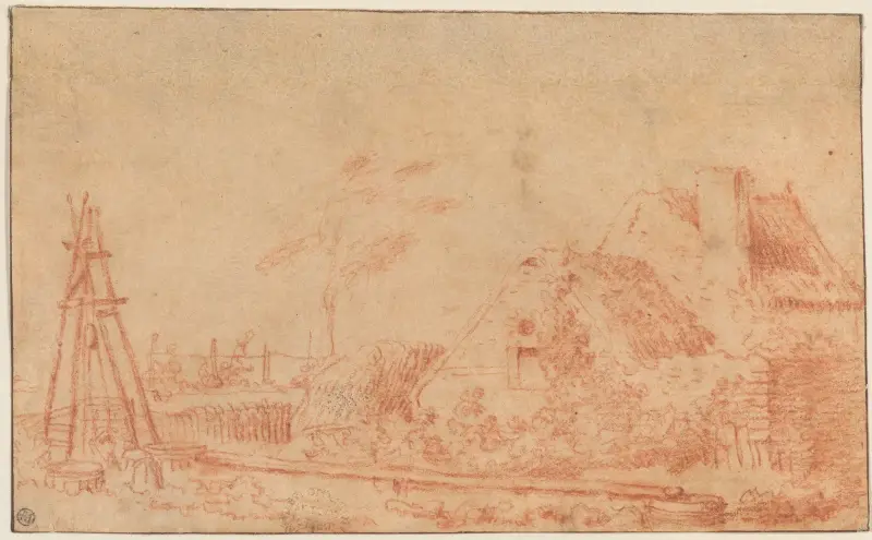 Landskap med stuga och brunn av Jean-Antoine Watteau