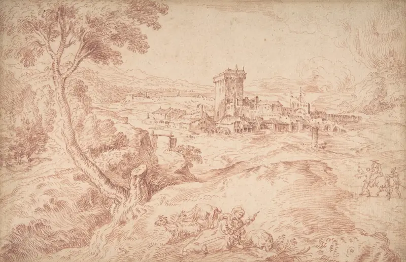 Landskap med en gammal kvinna som håller en slända, efter Domenico Campagnola av Jean-Antoine Watteau