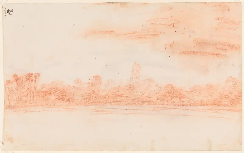 Landscape with church tower av Jean-Antoine Watteau