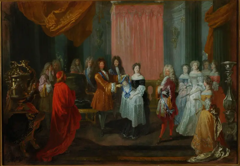 Ludwik XIV nadaje księciu Burgundii Order Cordon Bleu, ojcu Ludwika XV, Jean-Antoine Watteau