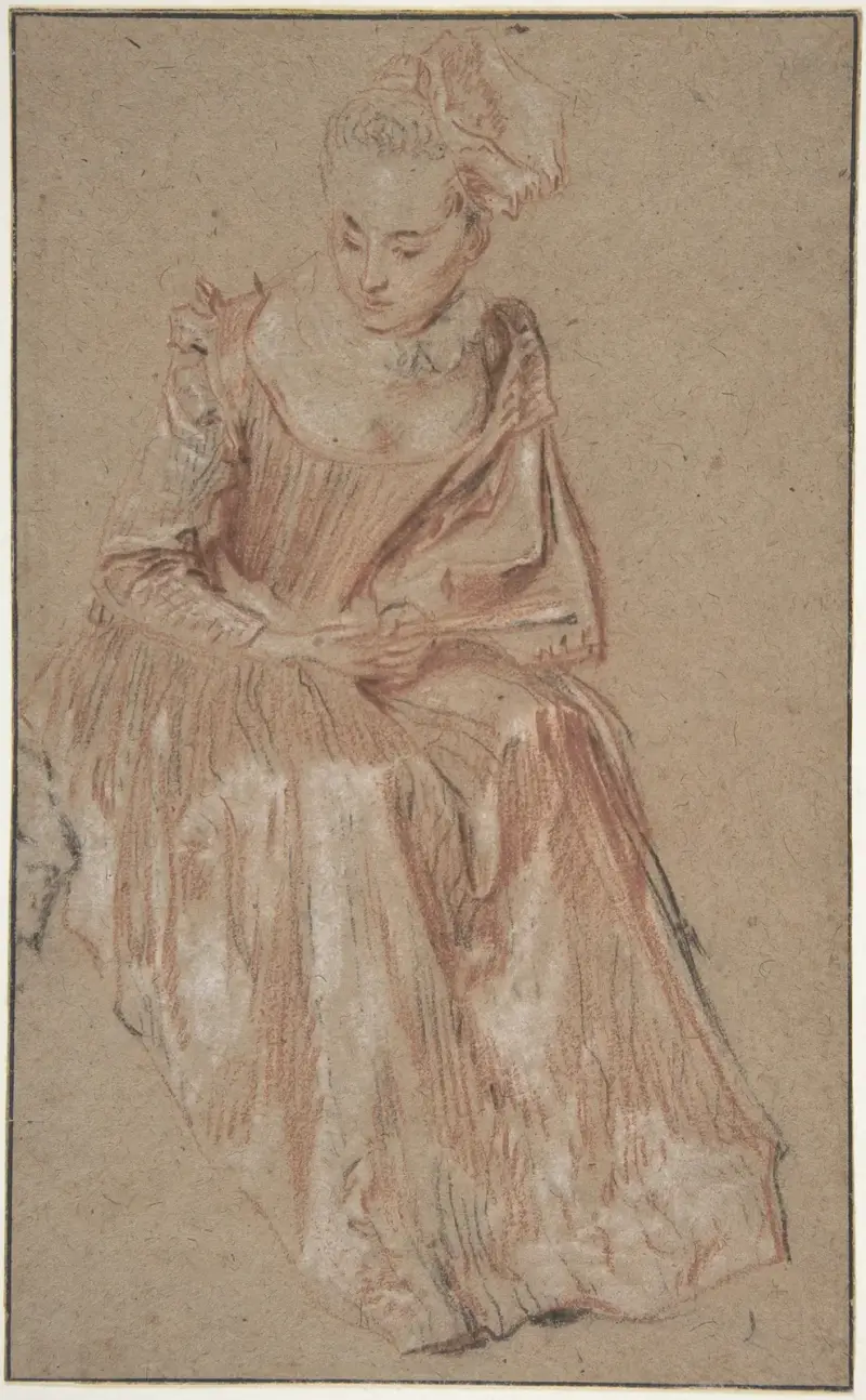 Sittande kvinna med solfjäder av Jean-Antoine Watteau