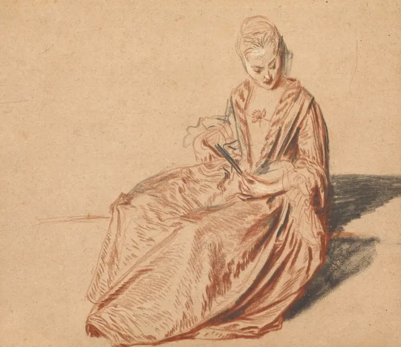 Sittande kvinna med solfjäder av Jean-Antoine Watteau