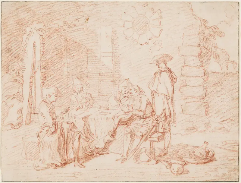 Soldiers Playing Cards in a Ruin av Jean-Antoine Watteau