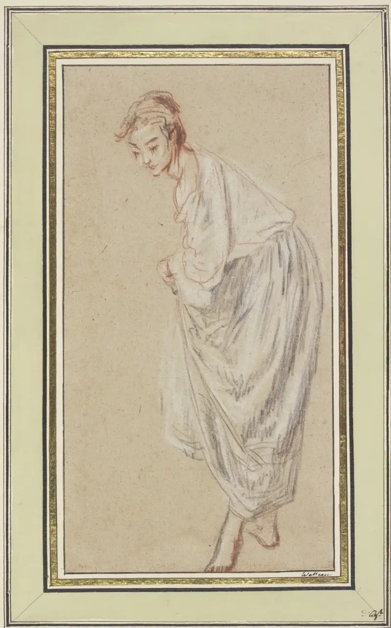 Standing Girl; barefoot, lifting her skirt av Jean-Antoine Watteau