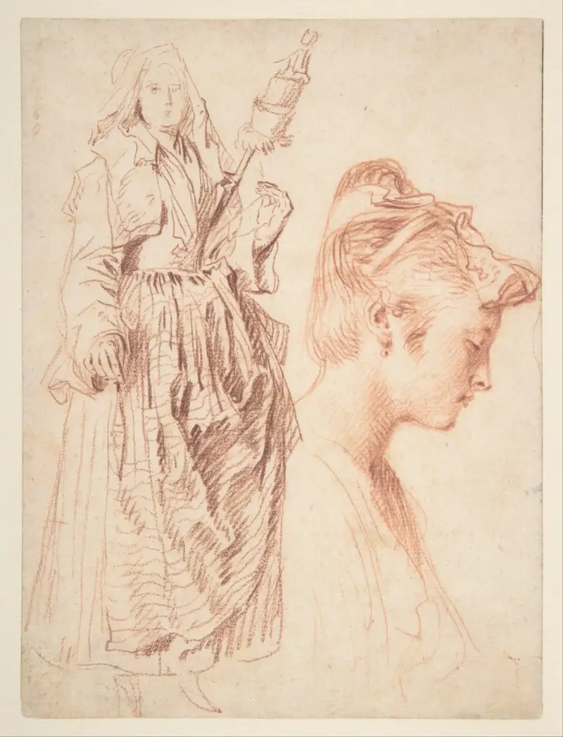 Stående kvinna med slända, och kvinnohuvud i profil åt höger av Jean-Antoine Watteau
