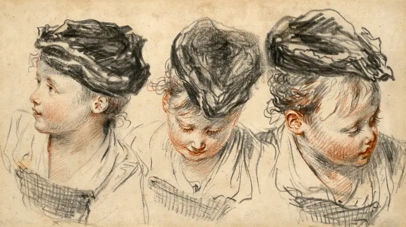Tre huvudstudier av en flicka med hatt av Jean-Antoine Watteau