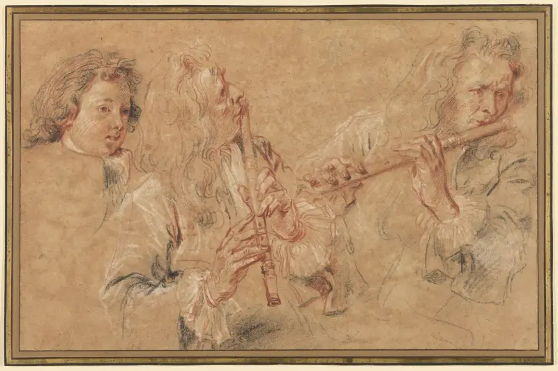 Två studier av en flöjtspelare och en studie av en gosses huvud av Jean-Antoine Watteau