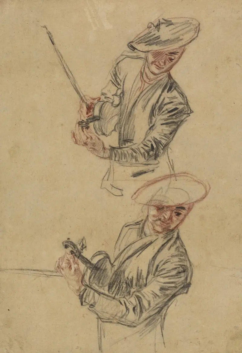 Två studier av en violinist som stämmer sitt instrument av Jean-Antoine Watteau