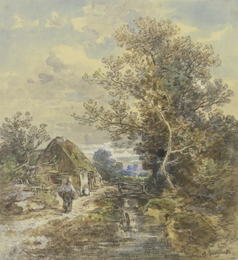 Baum und Bauernhaus am Bach mit einer Frau av Anton Burger