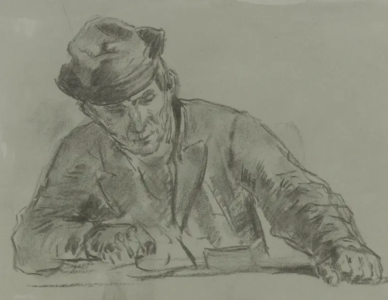 Halbfigur eines Bauern von vorne am Tisch av Anton Burger