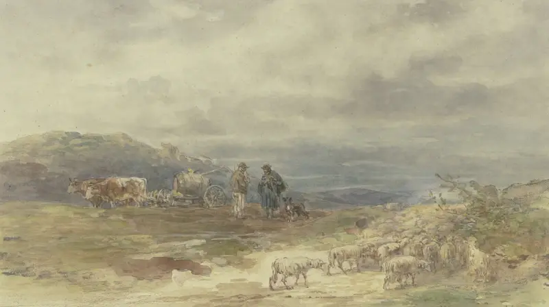 Landschaft mit Schafherde und Ochsenfuhrwerk av Anton Burger